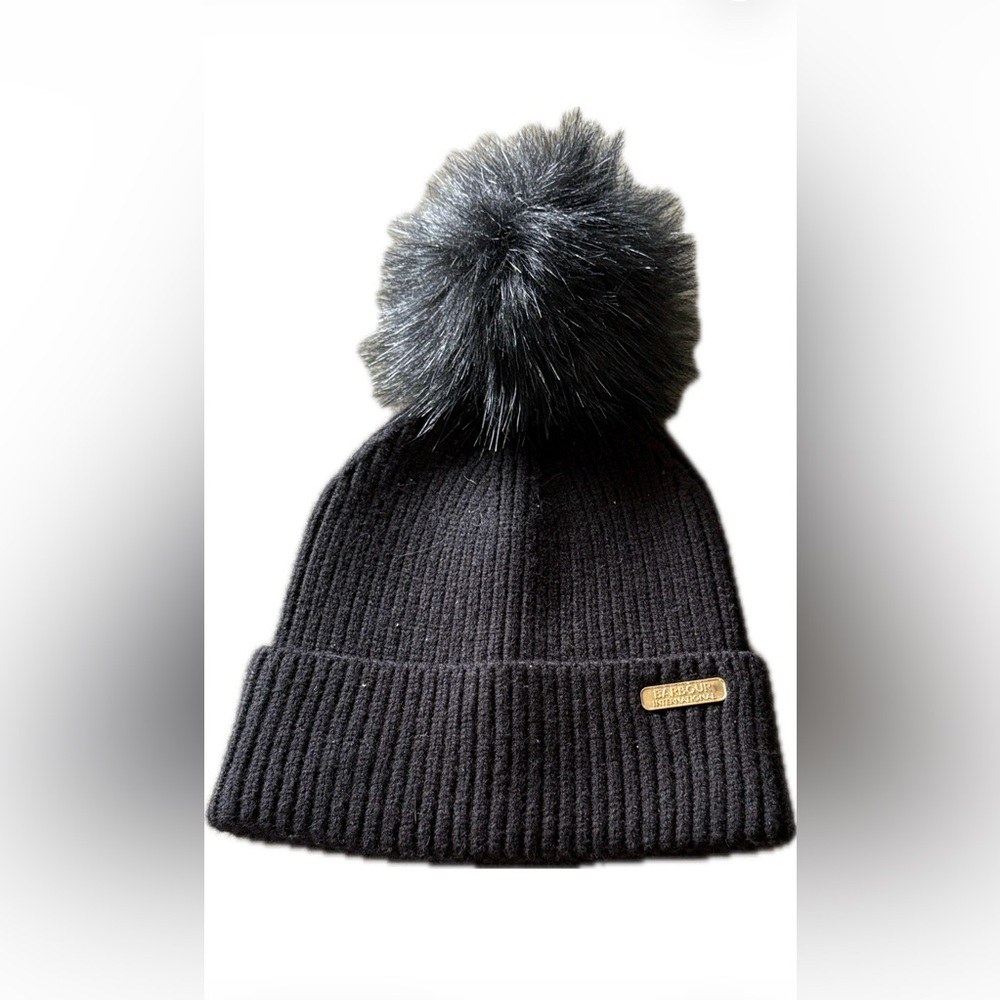 Barbour Black Knit Hat with Fluffy Pom-Pom